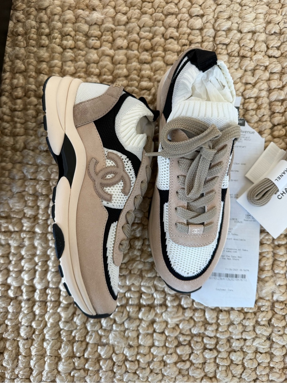 CHANEL Beige, White & Black CC Logo Chunky Knit Sneakers - Picture 5 of 6